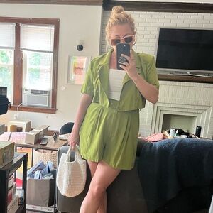 Lime green Nasty Gal cropped short sleeve jacket and shorts suit set.